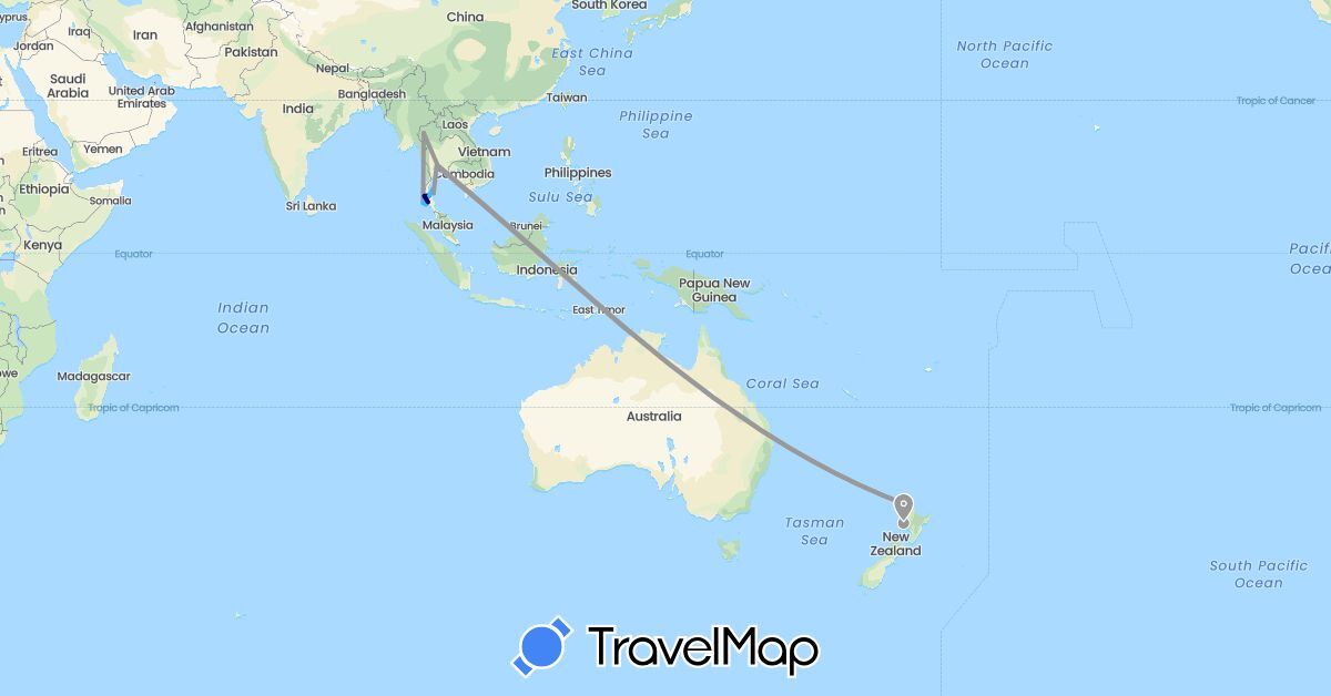 TravelMap itinerary: driving, plane, boat in New Zealand, Thailand (Asia, Oceania)